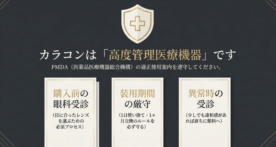 カラコンは高度管理医療機器であり、購入前の眼科受診、装用期間の順守、異常時の受診が必要と示す図