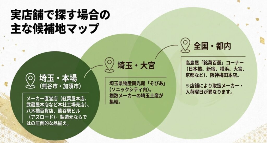 熊谷市と加須市の直営店、大宮の物産館、全国の百貨店など五家宝を買える地域別候補