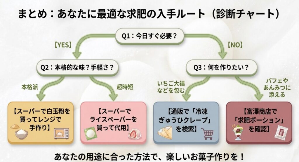 必要な時期と用途から白玉粉、ライスペーパー、冷凍ぎゅうひクレープ、求肥ポーションを選ぶ診断チャート