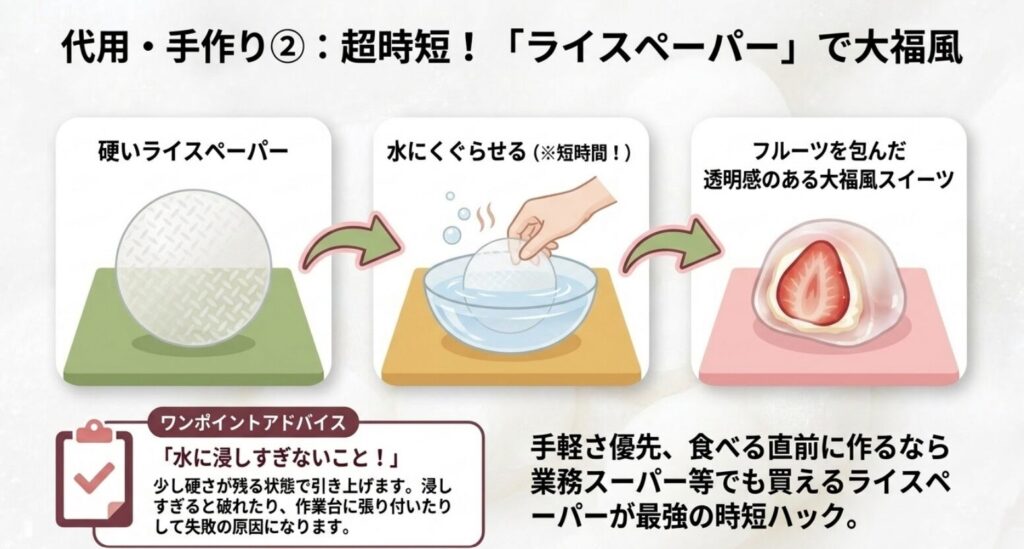 ライスペーパーを短時間水にくぐらせ、フルーツを包んで大福風スイーツを作る手順