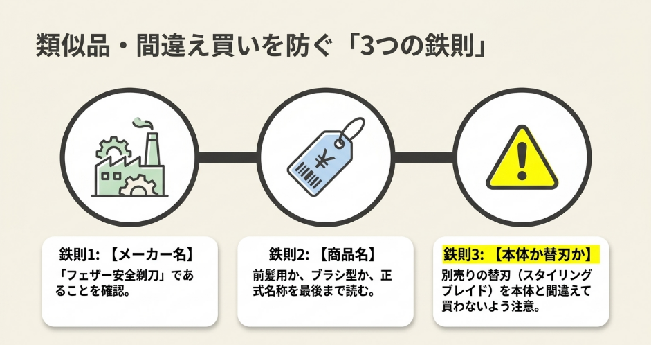ヘアカットモンスター購入時にメーカー名、商品名、本体か替刃かを確認する注意点をまとめたスライド