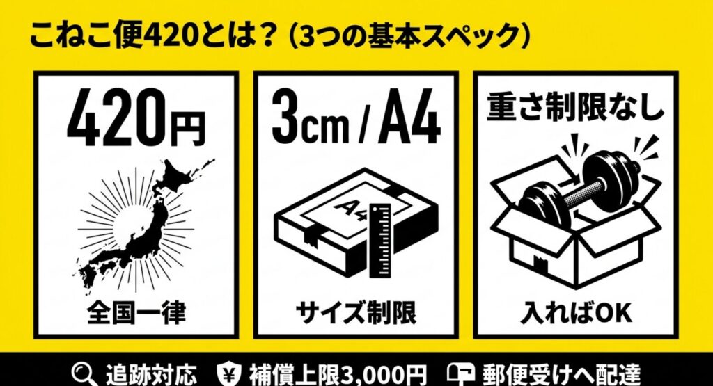 こねこ便420の料金420円、A4・厚さ3cm、重量制限なし、追跡対応と補償上限3000円を示した図