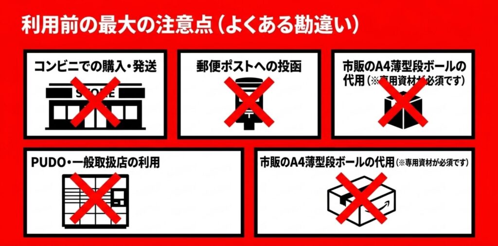 コンビニでの購入や発送、郵便ポストへの投函、PUDO利用、市販のA4薄型段ボールの代用ができないことを示す注意図