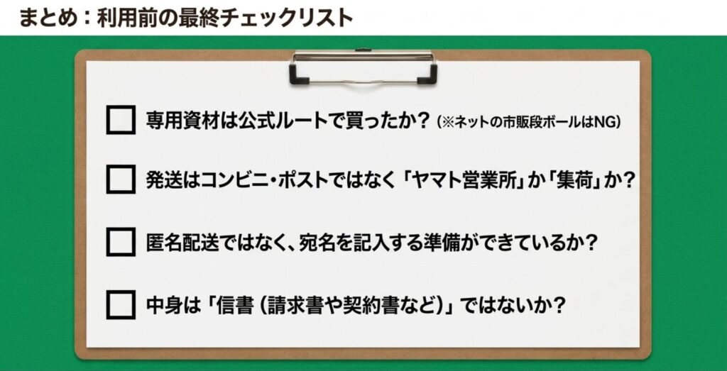 専用資材の購入先、発送場所、匿名配送、信書の可否を確認する、こねこ便420利用前のチェックリスト