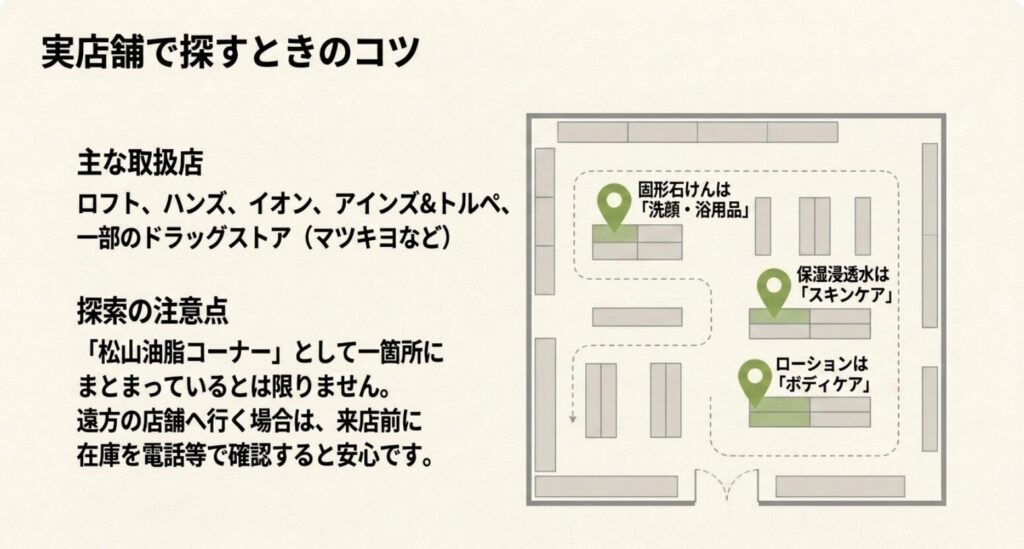 ロフト、ハンズ、イオン、アインズ＆トルペ、ドラッグストアで松山油脂を探す際の売場と在庫確認のコツ