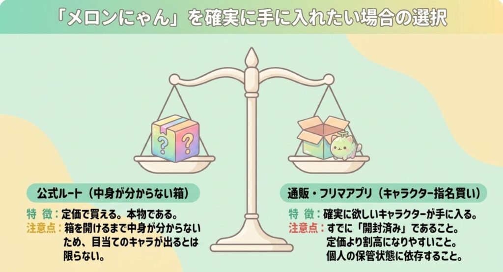 メロンにゃんを公式のブラインドボックスと通販・フリマの開封済み単品で購入する場合の違いを比較した図