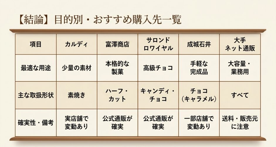 カルディ・富澤商店・サロンドロワイヤル・成城石井・通販を用途別に比較した一覧表