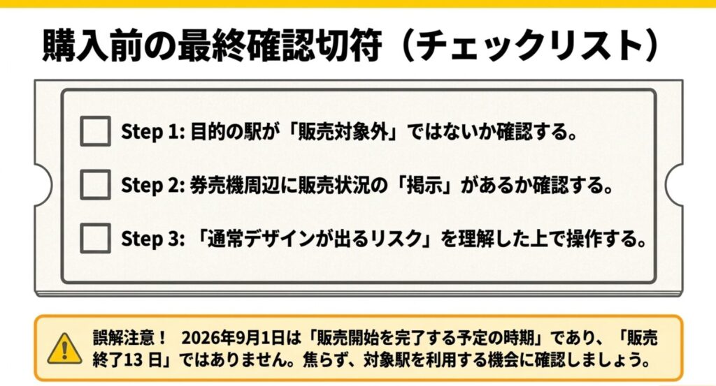 販売対象駅、券売機周辺の掲示、通常デザインが出る可能性を確認する購入前チェックリスト