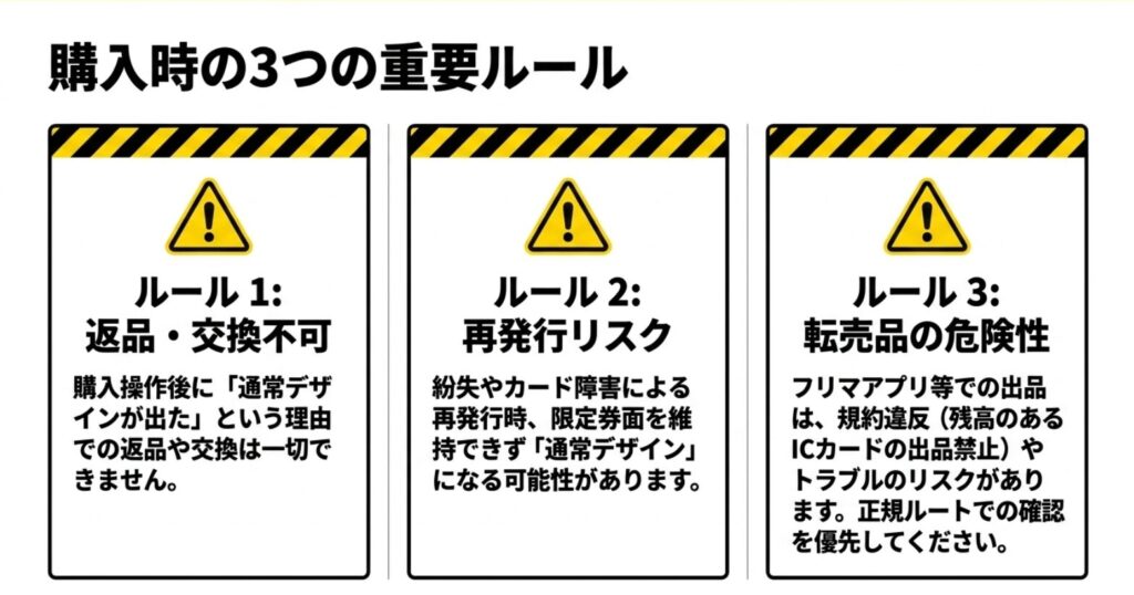 通常デザインの返品交換不可、再発行時のデザイン変更、個人出品の注意点をまとめた図
