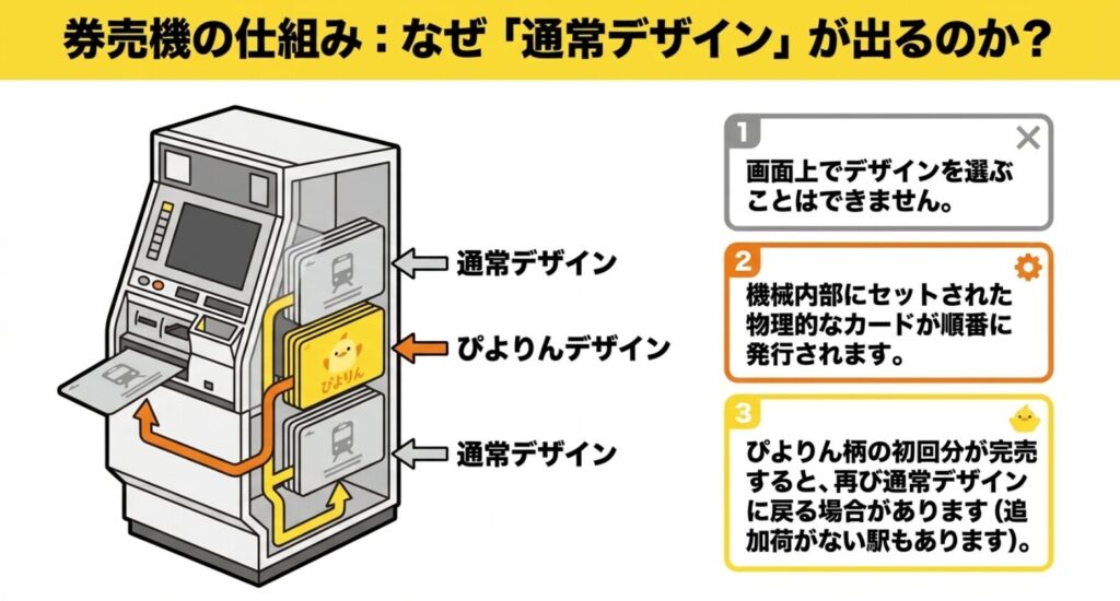 券売機内のカードが順番に発行され、ぴよりんデザインの前後に通常デザインが出る仕組み