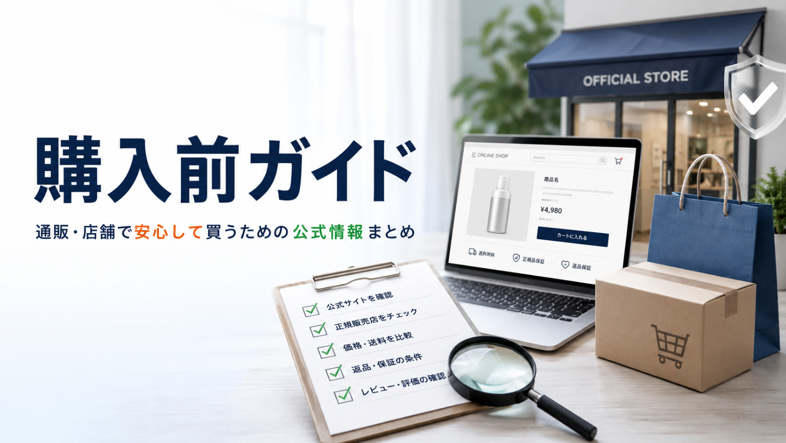 通販や店舗で商品を買う前に、公式サイト・販売元・返品条件などを確認する購入前ガイドの画像