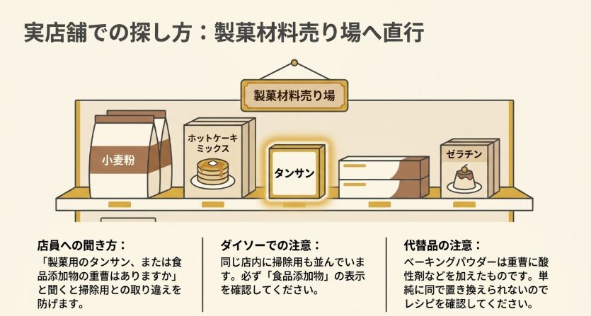 製菓材料売り場でタンサンを探し、食品添加物表示を確認する方法を示したスライド