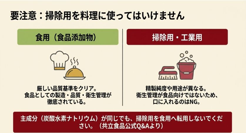食品添加物として販売される食用重曹と掃除用・工業用重曹の違いを比較したスライド