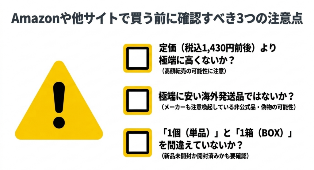 Amazonや他サイトでソニーエンジェルヒッパーズを買う前に価格や海外発送品や単品とBOXの違いを確認する注意点を示したスライド