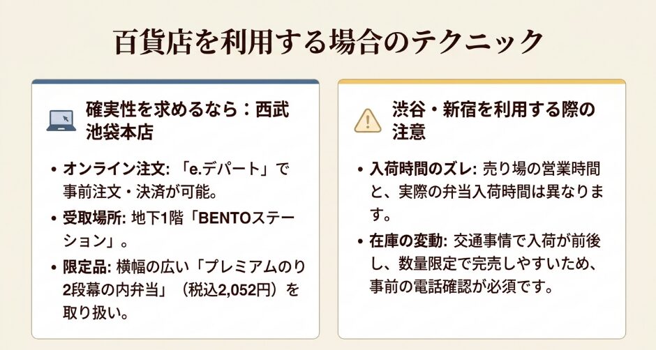 西武池袋本店のe.デパート注文と、西武渋谷店・新宿高島屋の入荷確認についてまとめた図