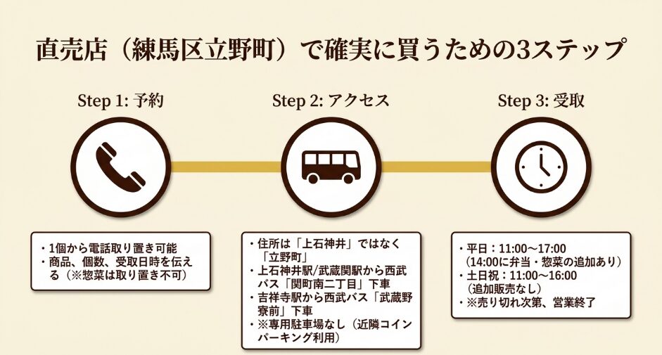 津多屋直売店へ電話で取り置きを依頼し、練馬区立野町の店舗へ行って受け取るまでの3ステップ
