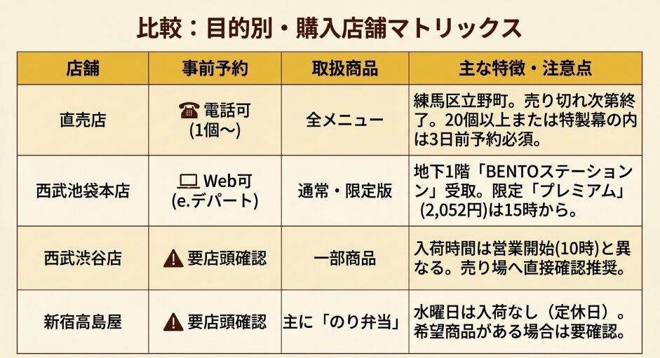 津多屋直売店と池袋・渋谷・新宿の百貨店を、予約方法、取扱商品、注意点で比較した表