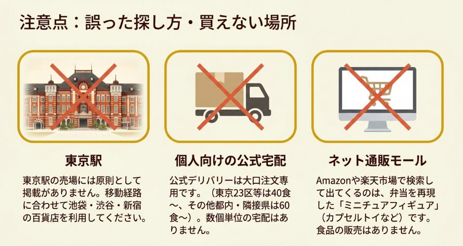 東京駅、個人向け公式宅配、通販モールでは津多屋弁当本体を購入できないことを整理した注意図