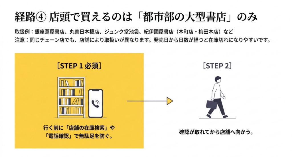 WWDJAPANを店頭で買える可能性がある大型書店と事前在庫確認の流れを示したスライド