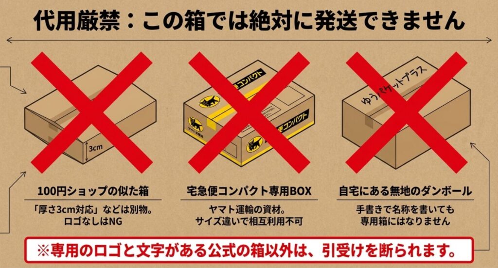 100均の箱、宅急便コンパクト専用BOX、無地のダンボールはゆうパケットプラスに代用できない