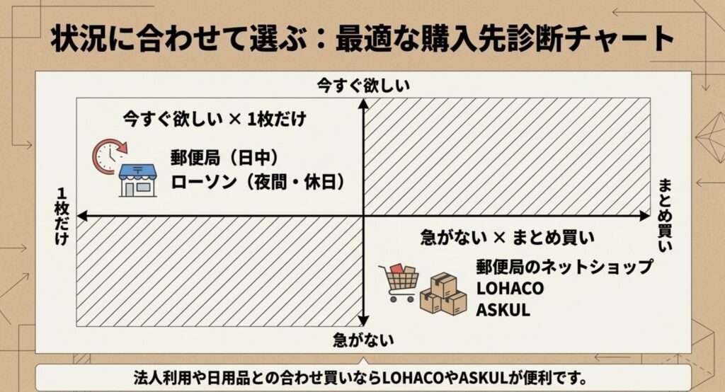 今すぐ1枚欲しい場合と急がずまとめ買いする場合の購入先を示した診断チャート