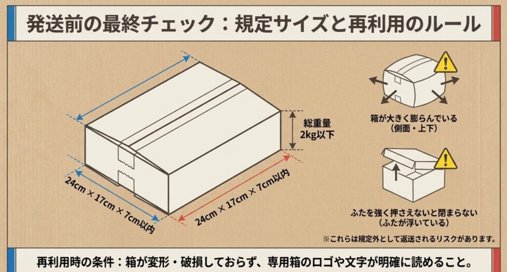 ゆうパケットプラス専用箱の24cm×17cm×7cm、2kg以下の規定と再利用条件