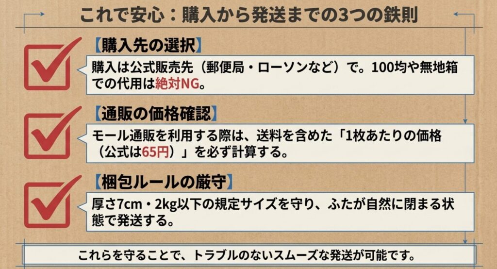 公式販売先の選択、通販価格の確認、サイズと重量を守るゆうパケットプラス発送の3つの注意点
