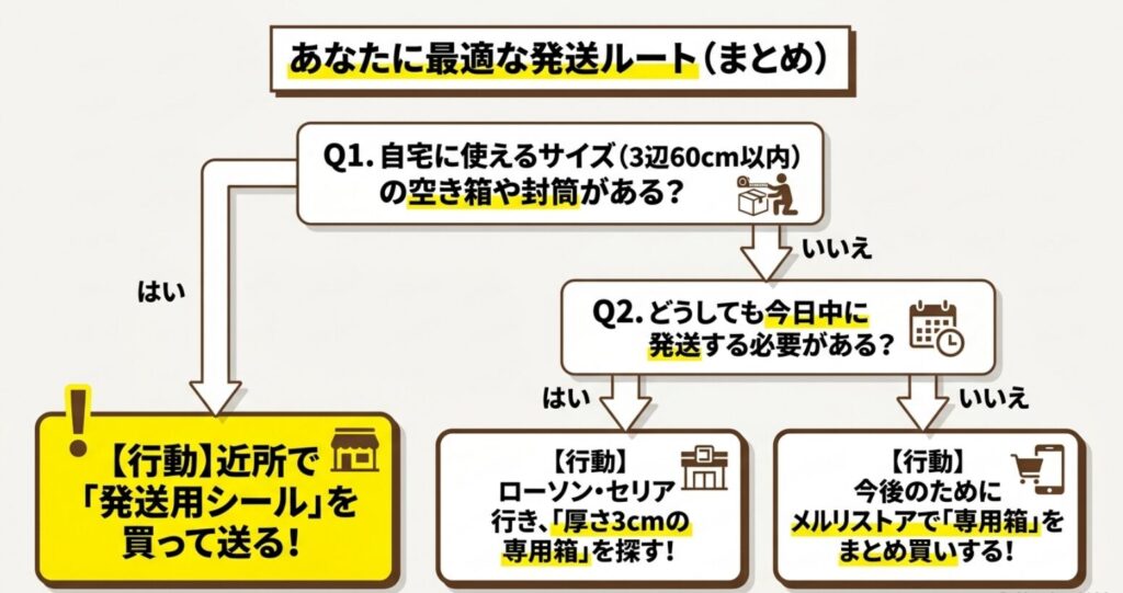 手持ちの梱包材の有無と発送期限から、発送用シール、実店舗の専用箱、通販の確認先を選ぶフローチャート
