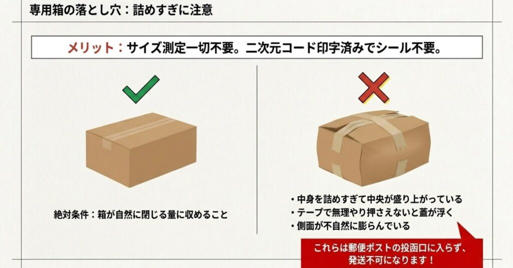 自然に閉じた専用箱と、中身を詰めすぎて膨らんだ専用箱の比較
