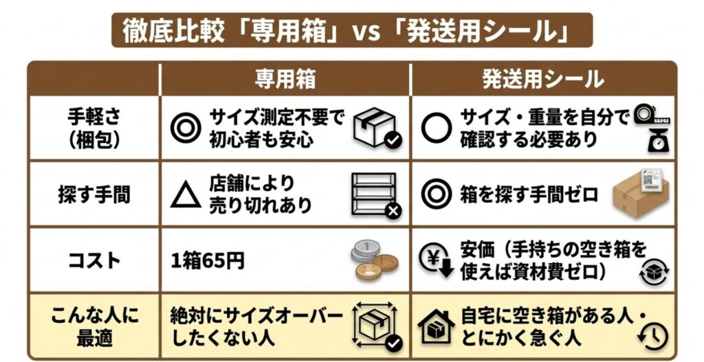 ゆうパケットポスト専用箱と発送用シールを、梱包の手軽さ、探す手間、費用、向いている人で比較した表