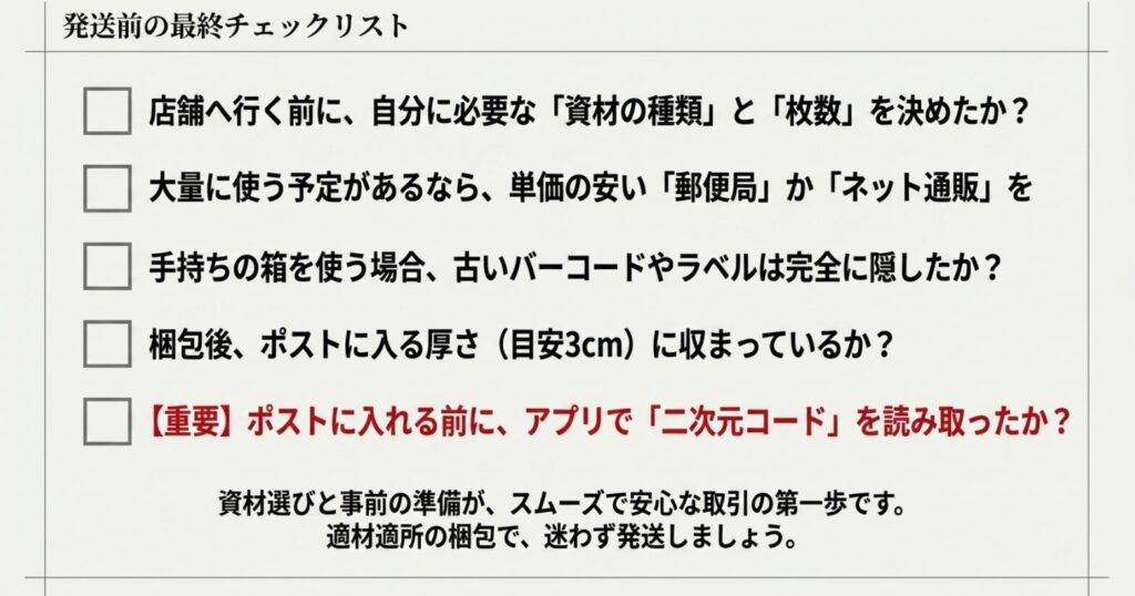 資材の種類・古いラベル・荷物の厚さ・二次元コードの読み取りを確認する発送前チェックリスト