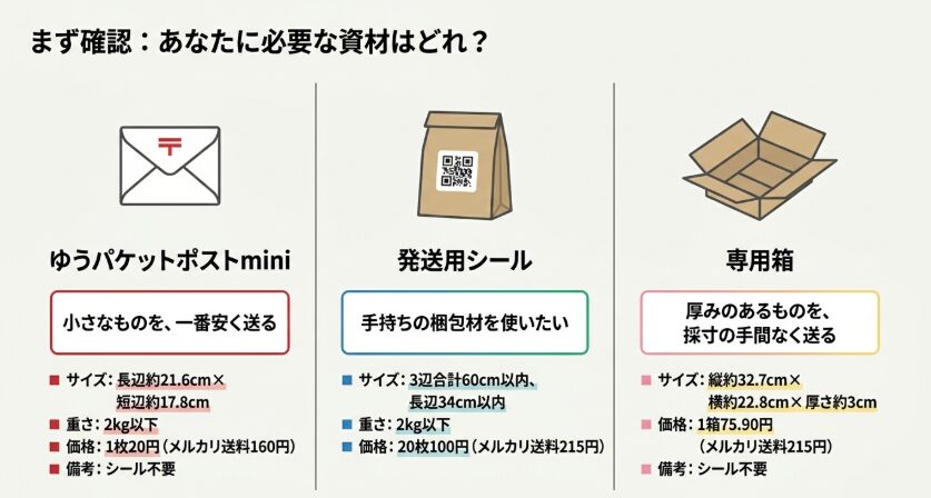 ゆうパケットポストmini専用封筒・発送用シール・専用箱のサイズと用途の比較