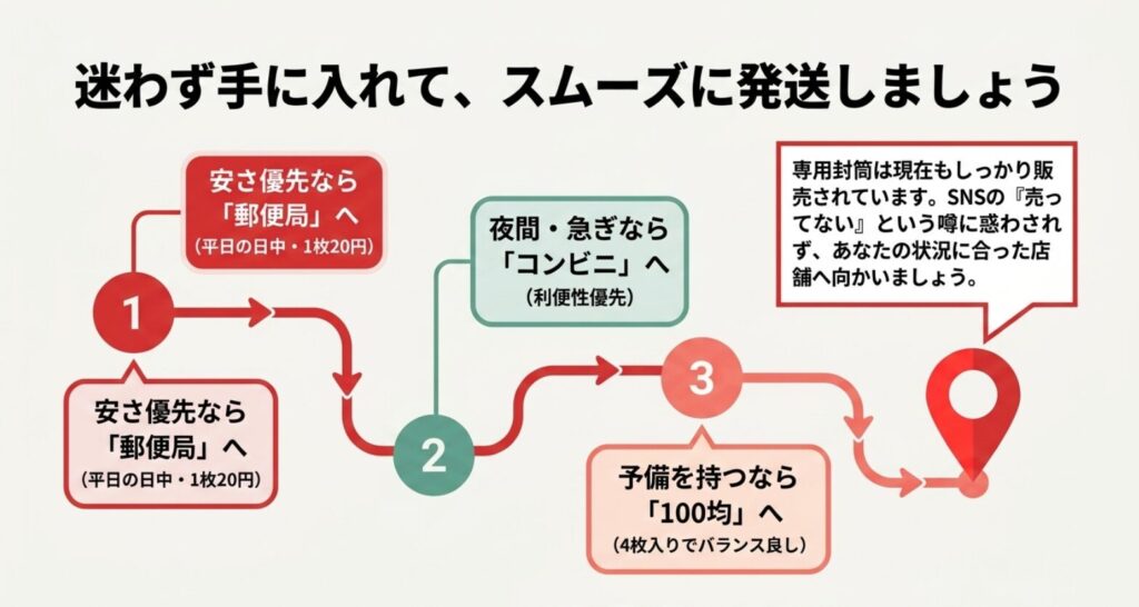 安さなら郵便局、急ぎならコンビニ、予備なら100円ショップを選ぶゆうパケットポストmini購入ルート