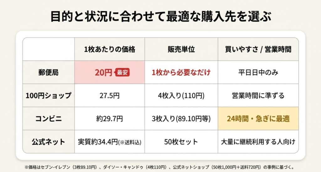 郵便局・100円ショップ・コンビニ・公式ネットショップの価格と販売単位の比較表