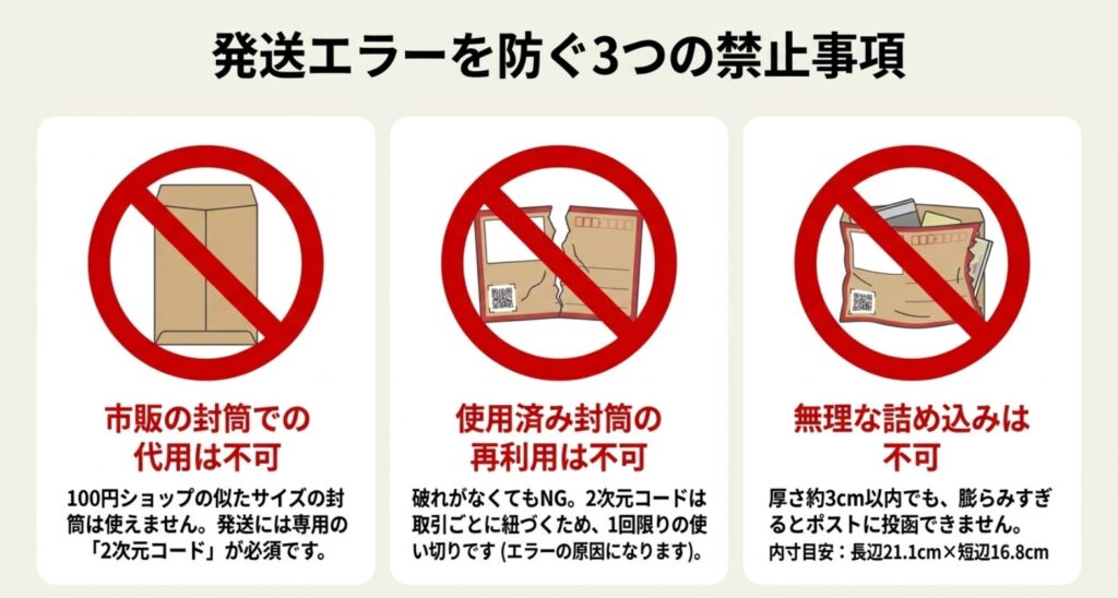 市販封筒での代用・使用済み封筒の再利用・無理な詰め込みを避ける3つの注意点