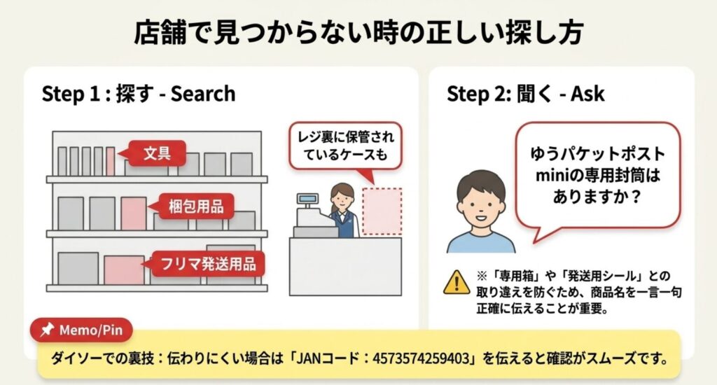 店頭の文具・梱包用品・フリマ発送用品を探し店員に専用封筒の商品名を確認する方法