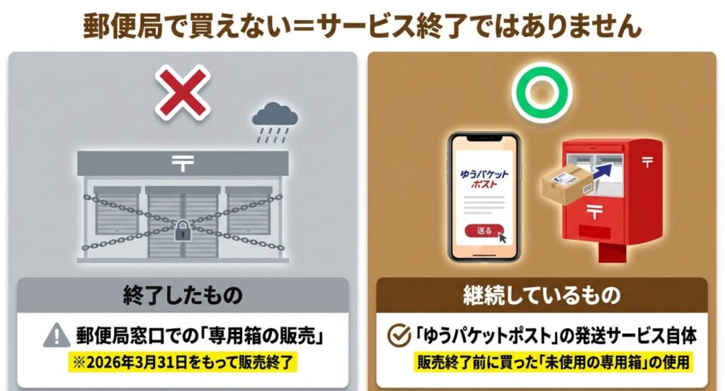 郵便局での専用箱販売は終了したが、ゆうパケットポストの発送サービスと未使用箱の利用は継続していることを示す比較図
