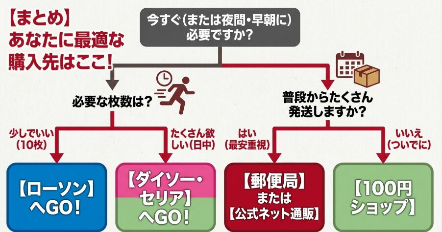 必要な時期・枚数・発送頻度からローソン・100円ショップ・郵便局・公式通販を選ぶフローチャート