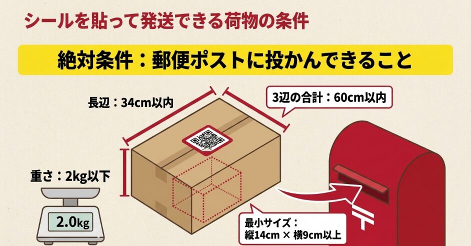 ゆうパケットポスト発送用シールを使える荷物の長辺34cm以内・3辺合計60cm以内・重さ2kg以下という条件
