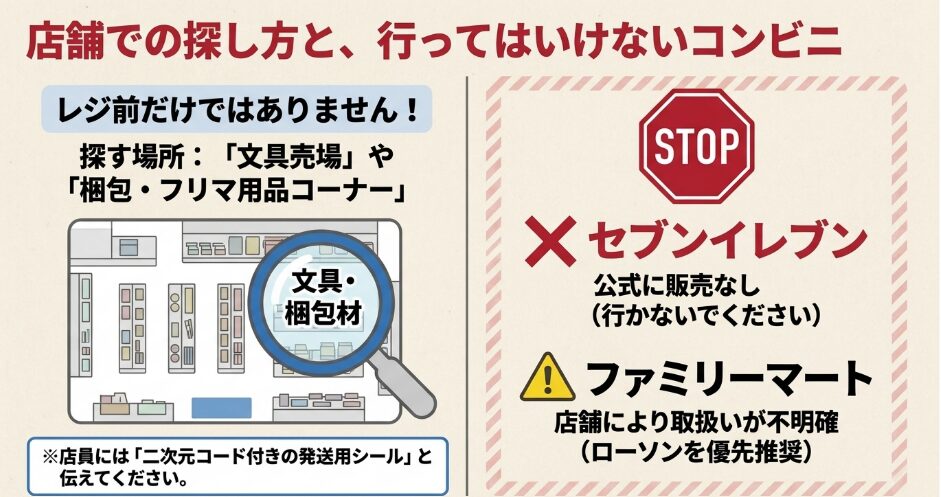 ゆうパケットポストシールは文具・梱包・フリマ用品売場で探しセブンイレブンでは販売されていないことを示した画像