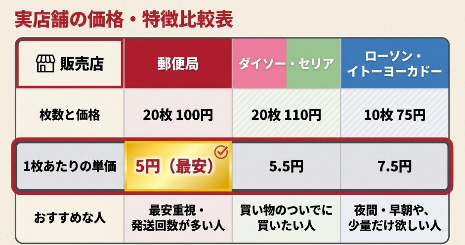 郵便局・ダイソー・セリア・ローソン・イトーヨーカドーのゆうパケットポストシールの枚数と価格を比較した表