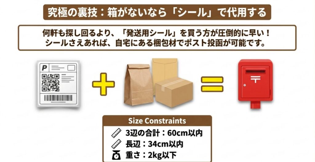 発送用シールと規定サイズ内の箱や封筒を組み合わせて、ゆうパケットポストを利用する代用方法