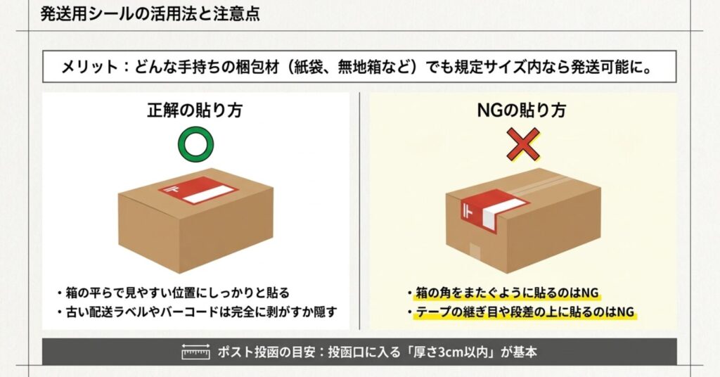 発送用シールを箱の平らな面に貼る正しい例と、角や継ぎ目に貼る間違った例