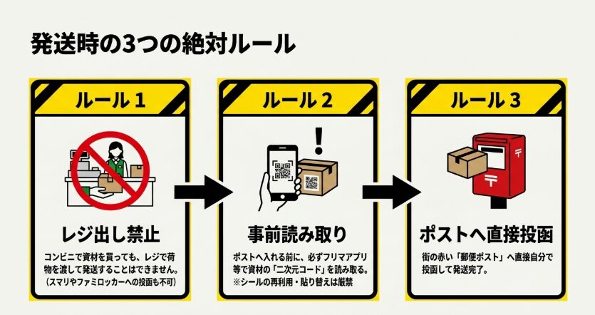 レジでは発送せず、二次元コードを読み取り、郵便ポストへ直接投函する手順