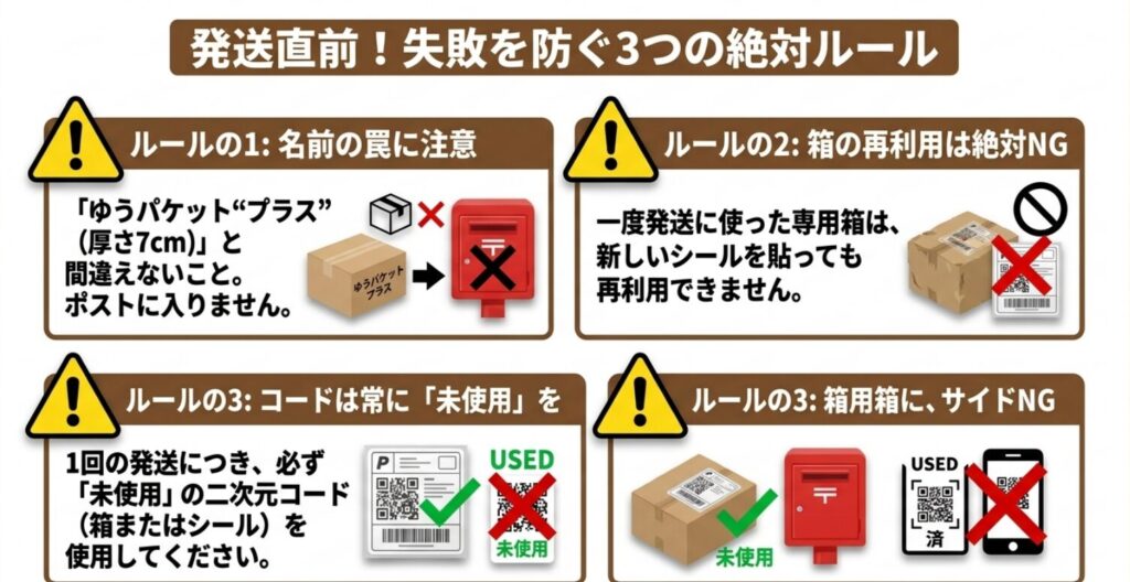 ゆうパケットプラスとの間違い、使用済み専用箱の再使用、使用済み二次元コードの再利用を防ぐ注意点