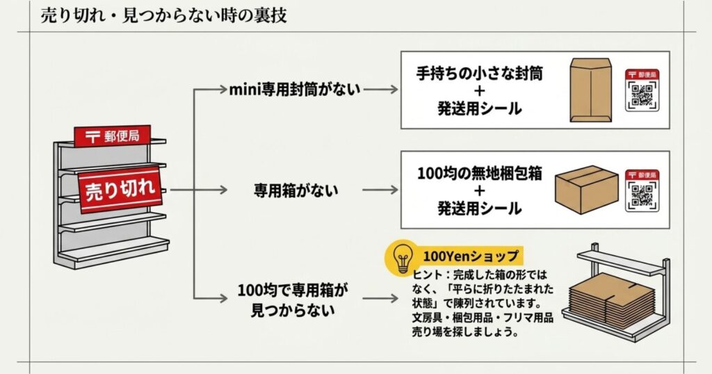 mini専用封筒や専用箱がない場合に、手持ちの封筒や無地箱と発送用シールを使う方法