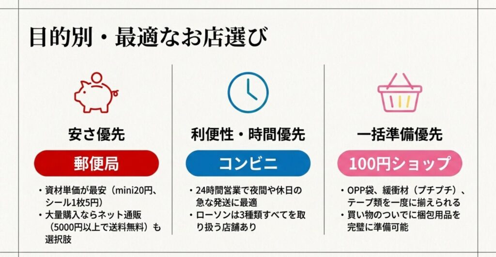 安さなら郵便局、利便性ならコンビニ、梱包用品も買うなら100円ショップという購入先の選び方