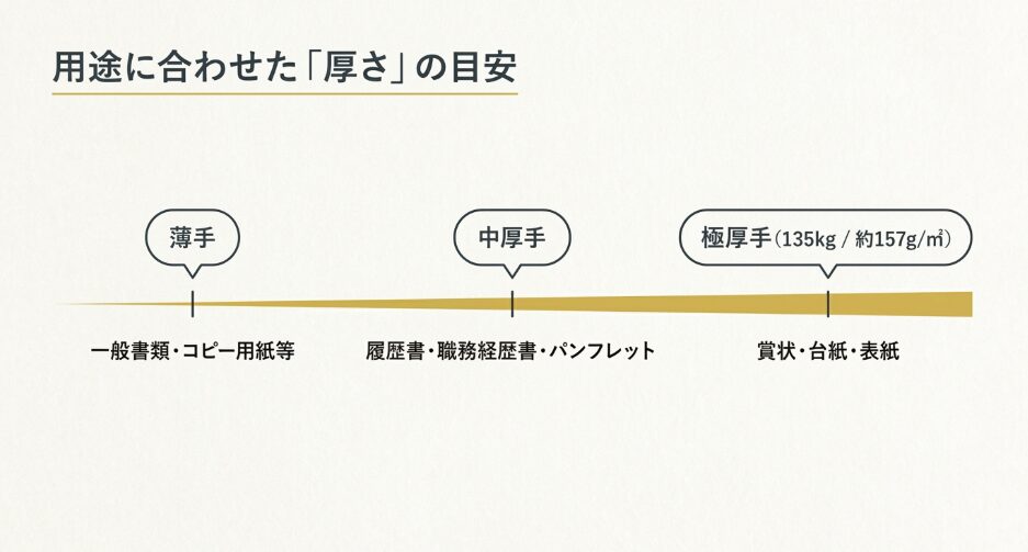 薄手は一般書類、中厚手は履歴書やパンフレット、135kgの極厚手は賞状や台紙に向くことを示した厚さの目安