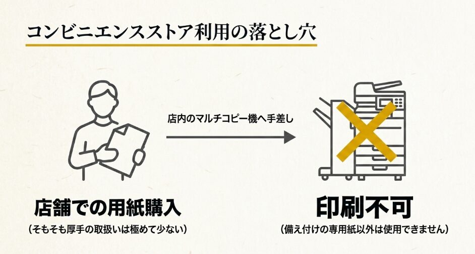 コンビニでは厚手の上質紙が見つかりにくく、購入した用紙をマルチコピー機へ手差しできないことを示した図