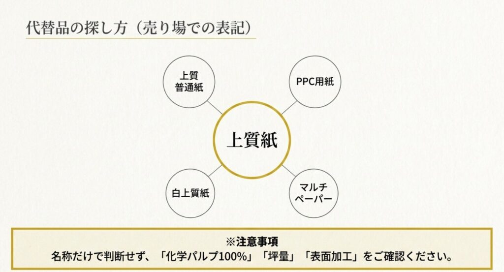 上質紙が見つからないときに確認したい上質普通紙、PPC用紙、白上質紙、マルチペーパーの売り場表記
